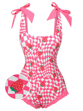 [US Warehouse] Pink 1960s Strawberry Plaid One-Piece Swimsuit