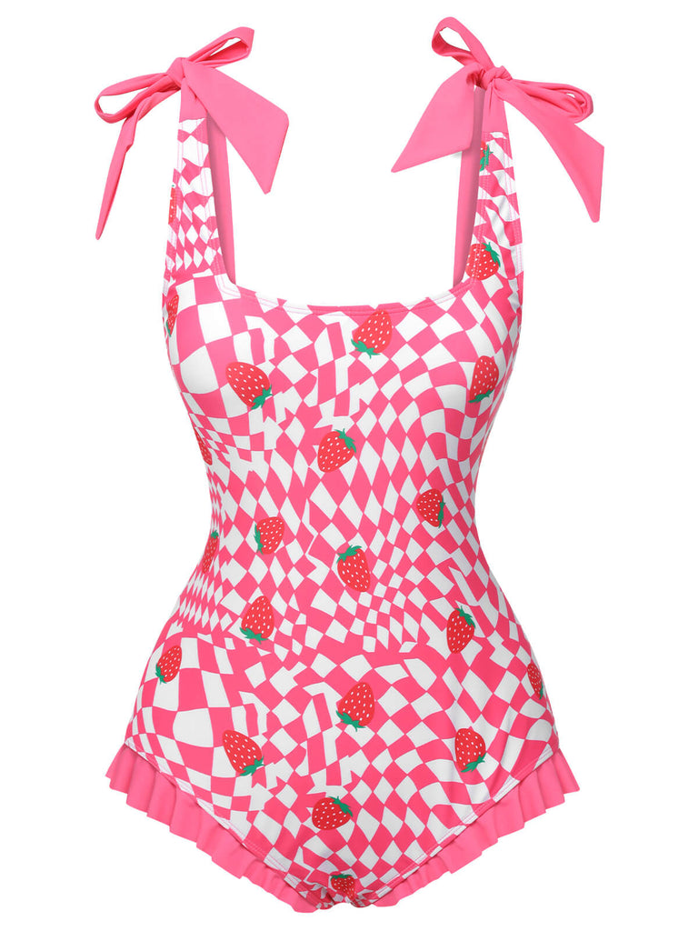 Pink 1960s Strawberry Plaid One-Piece Swimsuit