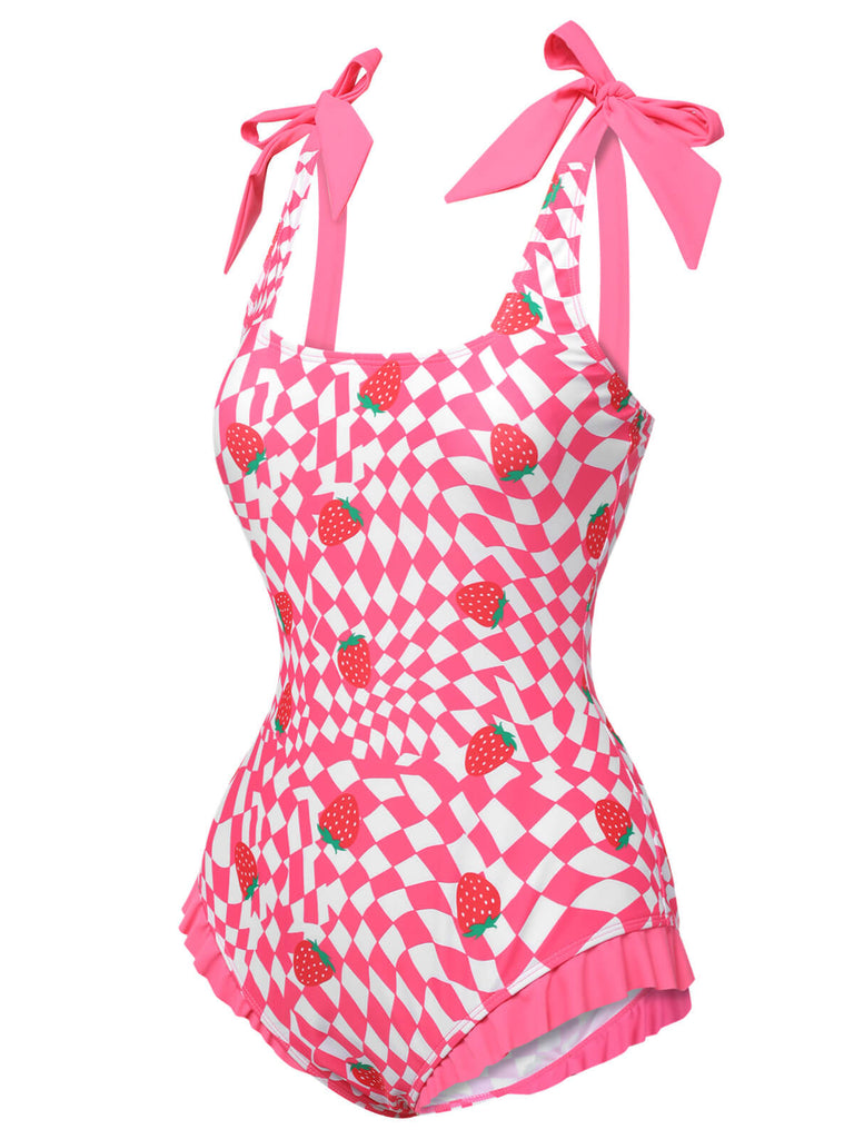 Pink 1960s Strawberry Plaid One-Piece Swimsuit