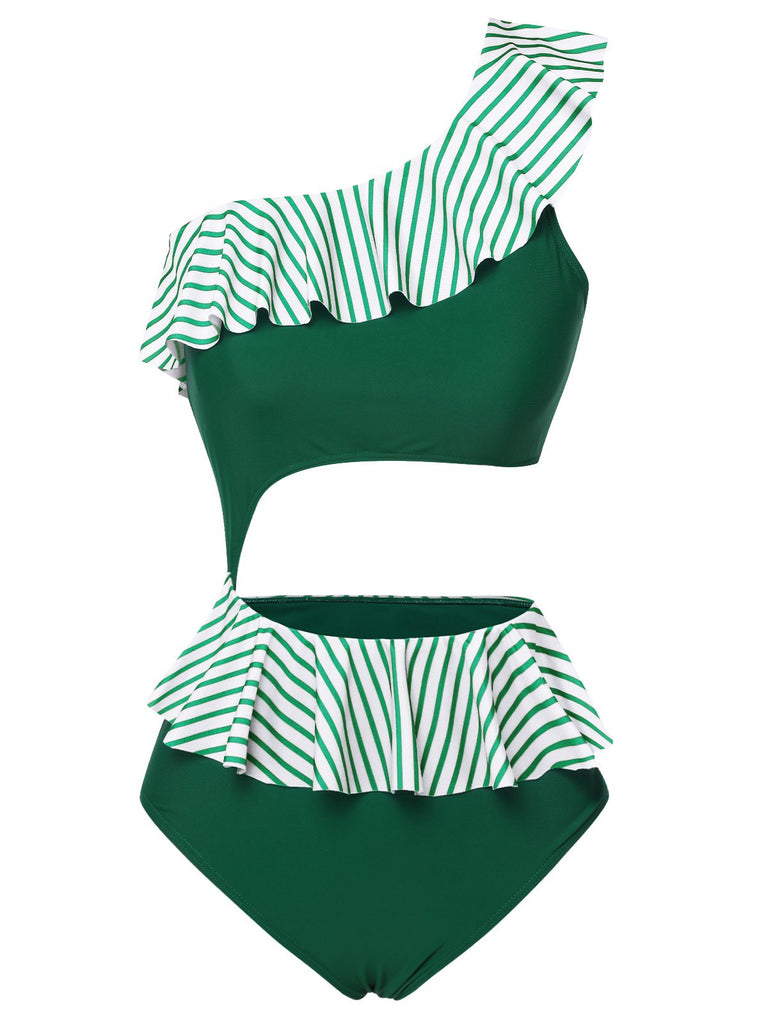 Dark Green 1940s Striped Ruffled Swimsuit