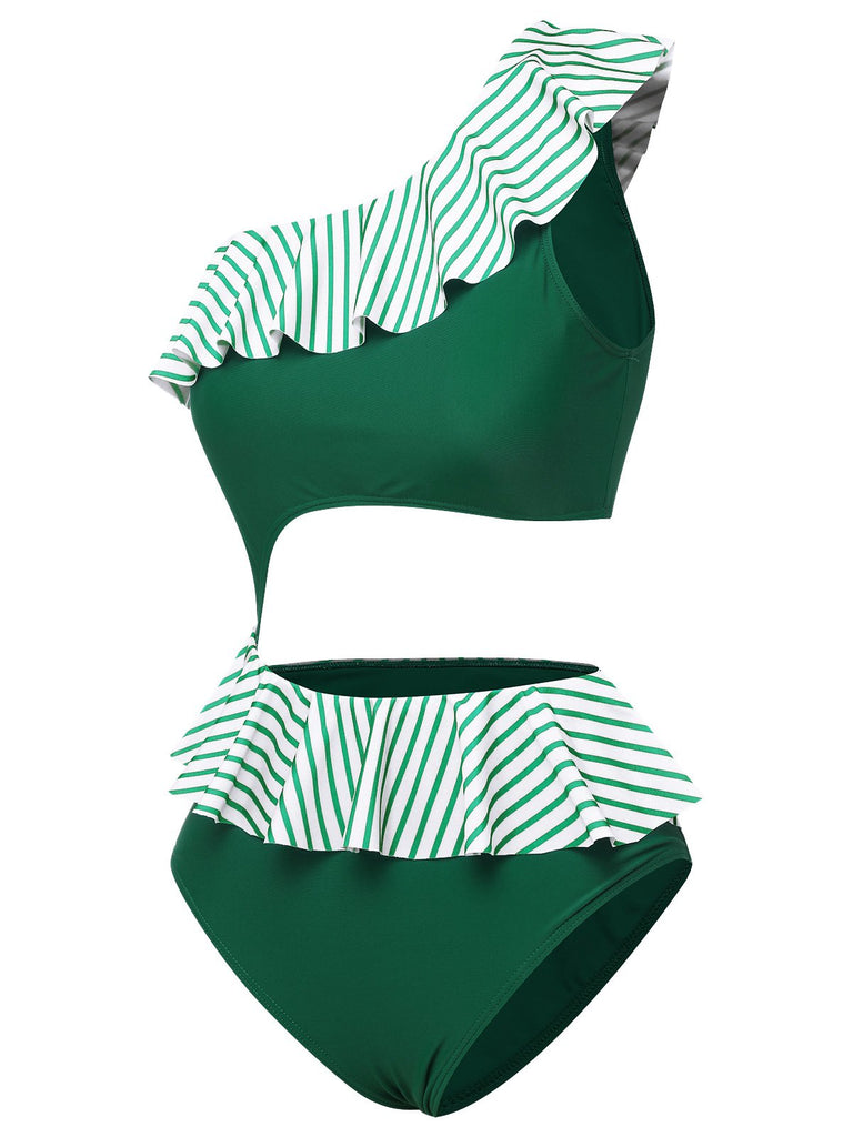 Dark Green 1940s Striped Ruffled Swimsuit