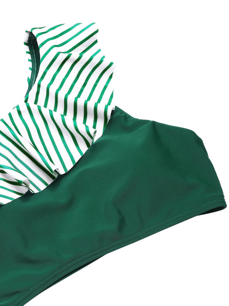 Dark Green 1940s Striped Ruffled Swimsuit