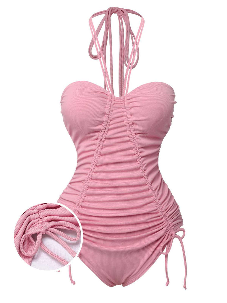 [Pre-Sale] Pink 1950s Halter Pleated Solid One-Piece Swimsuit