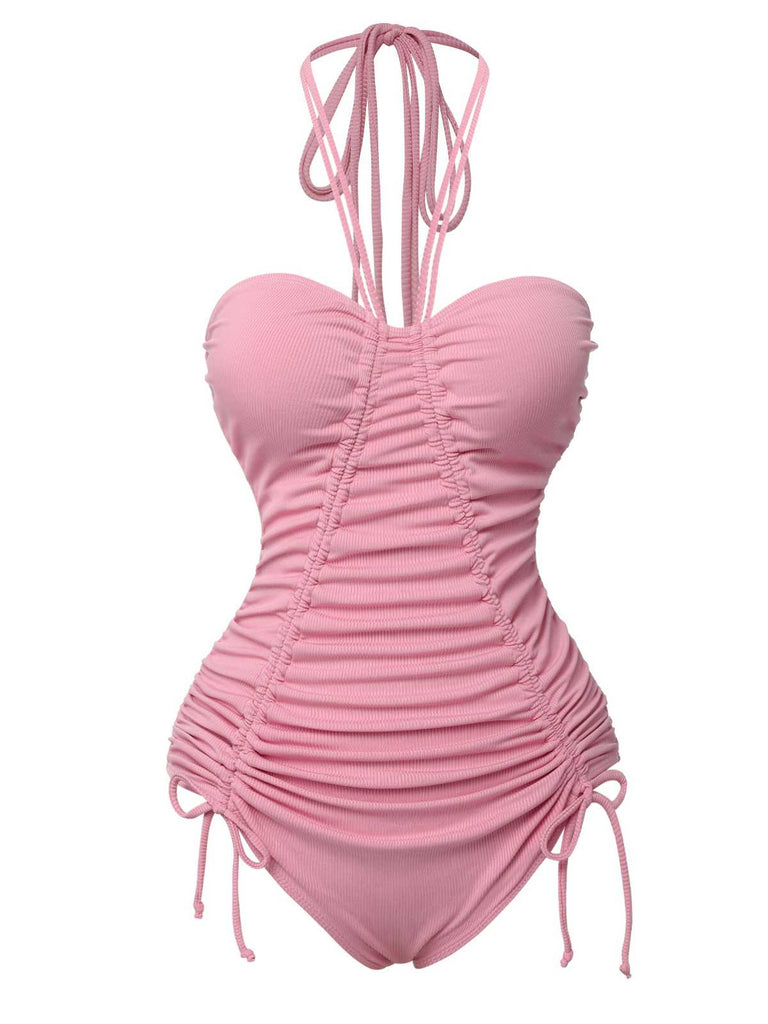 Pink 1950s Halter Pleated Solid One-Piece Swimsuit