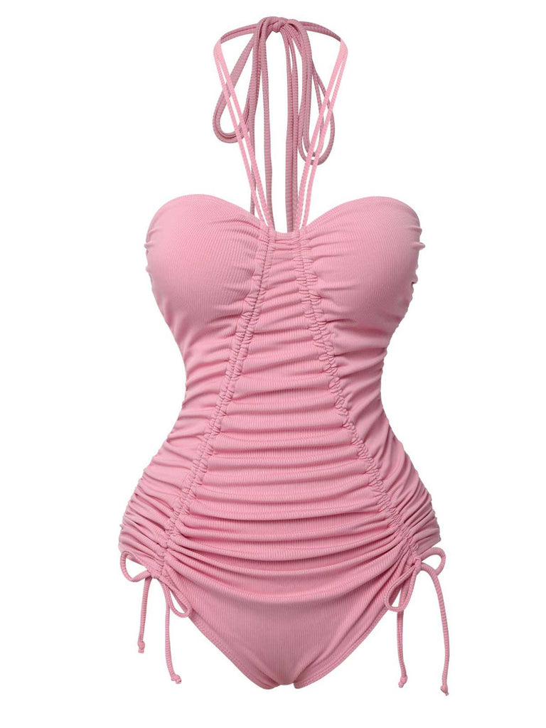 [Pre-Sale] Pink 1950s Halter Pleated Solid One-Piece Swimsuit