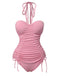 Pink 1950s Halter Pleated Solid One-Piece Swimsuit