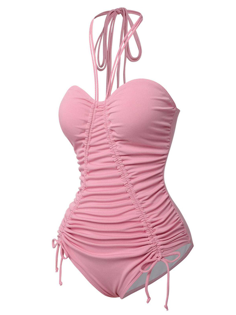 Pink 1950s Halter Pleated Solid One-Piece Swimsuit