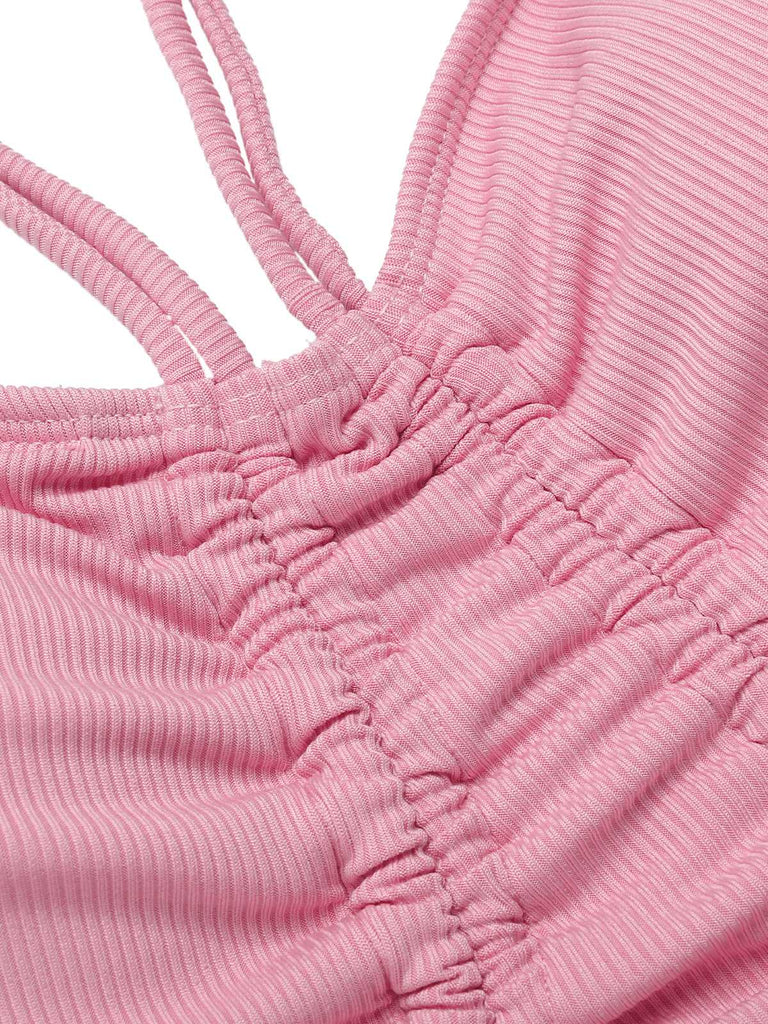 Pink 1950s Halter Pleated Solid One-Piece Swimsuit