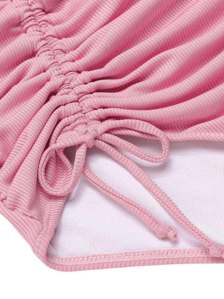 Pink 1950s Halter Pleated Solid One-Piece Swimsuit