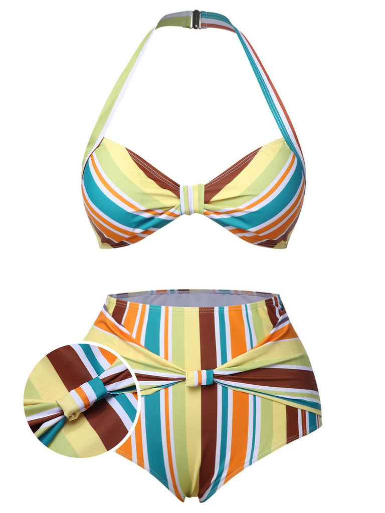 [Pre-Sale] 1930s Halter Contrast Stripes Swimsuit