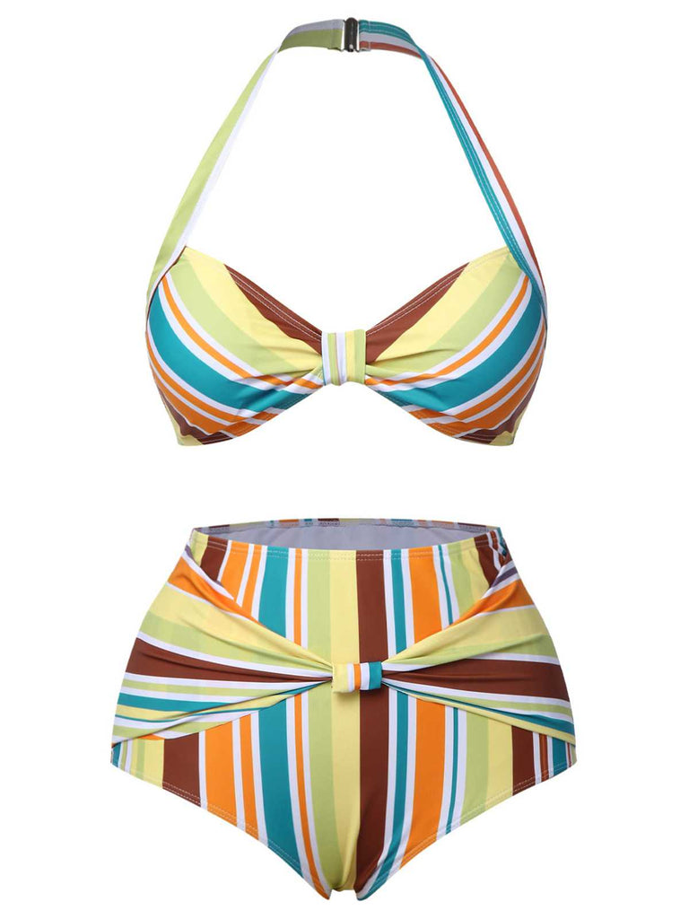 1930s Halter Contrast Stripes Swimsuit