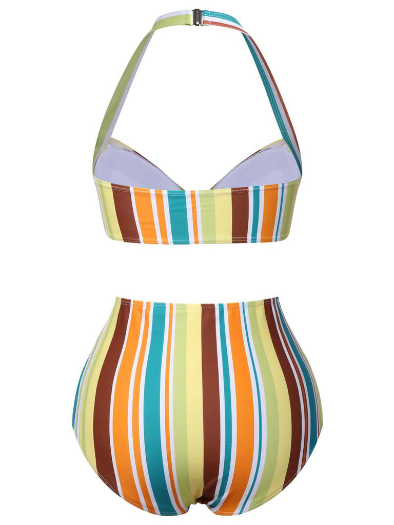 1930s Halter Contrast Stripes Swimsuit