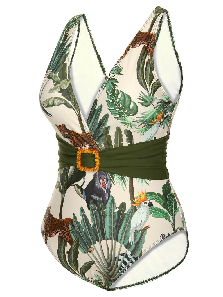 Multicolor 1960s Palm Leaf Swimsuit & Cover-Up
