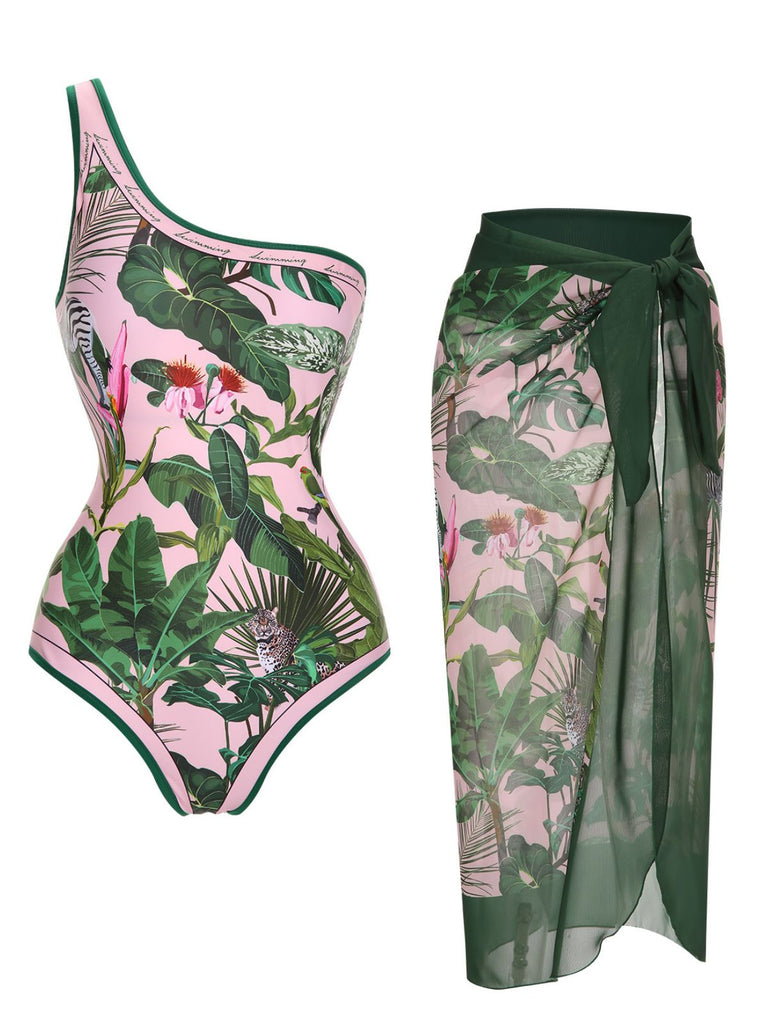 1960s One-Shoulder Tropical Swimsuit & Cover-Up