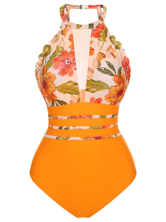 Orange 1960s Halter Floral One-Piece Swimsuit