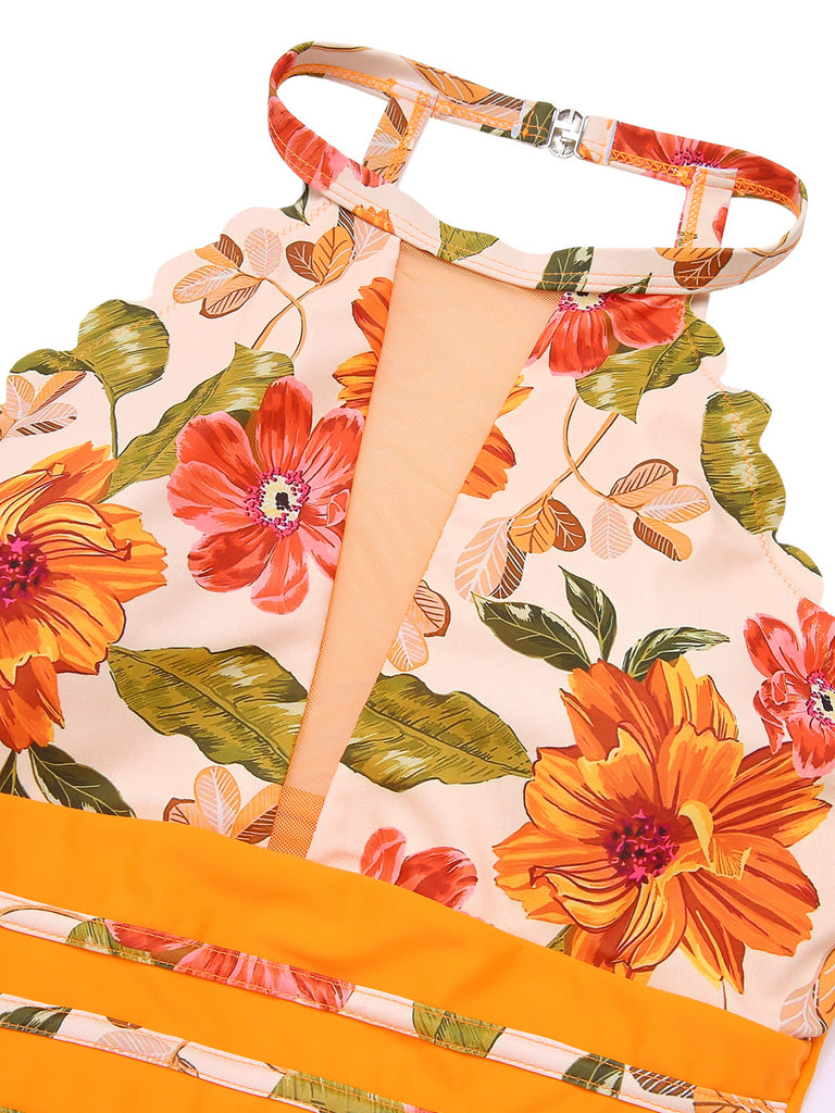 Orange 1960s Halter Floral One-Piece Swimsuit