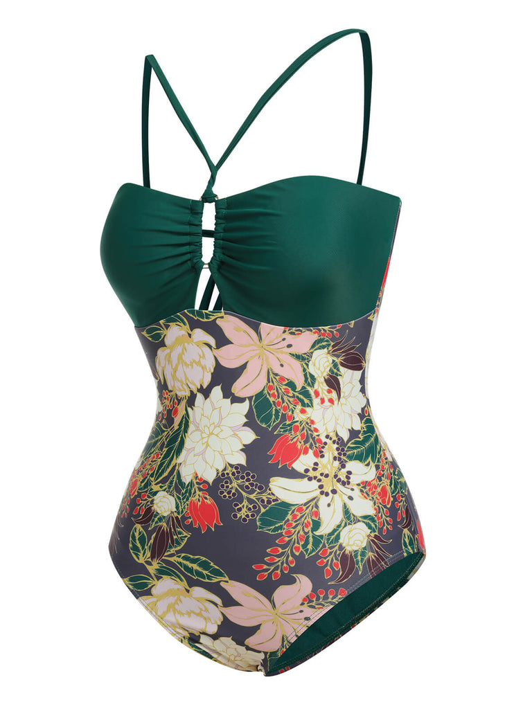 Multicolor 1960s Floral Halter One-Piece Swimsuit