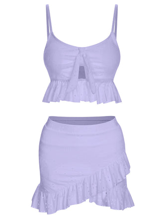 1950s Spaghetti Strap Solid Ruffles Swimsuit & Cover-Up