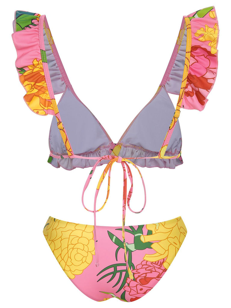 3PCS 1950s Pink Floral Swimsuit Set