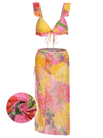 3PCS 1970s Pink Floral Swimsuit Set