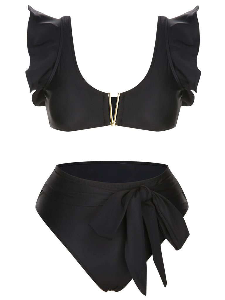 Black 1950s Ruffle Sleeve Split Swimsuit