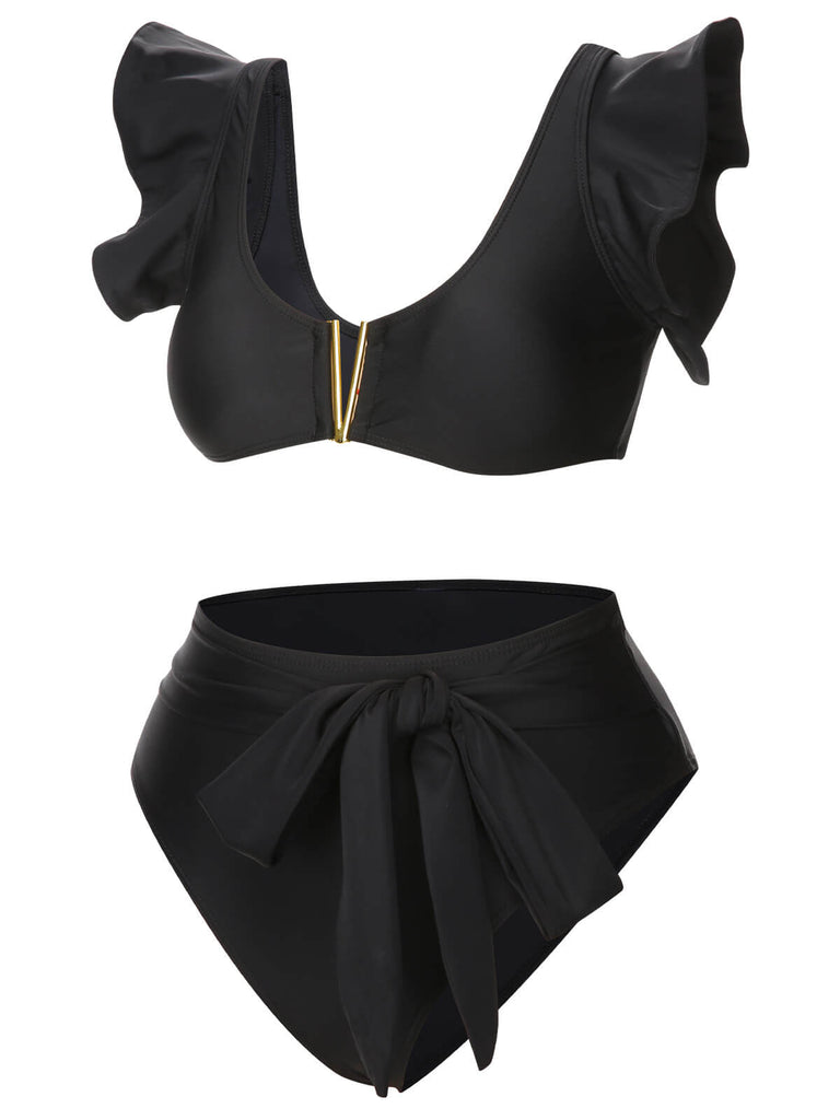 Black 1950s Ruffle Sleeve Split Swimsuit