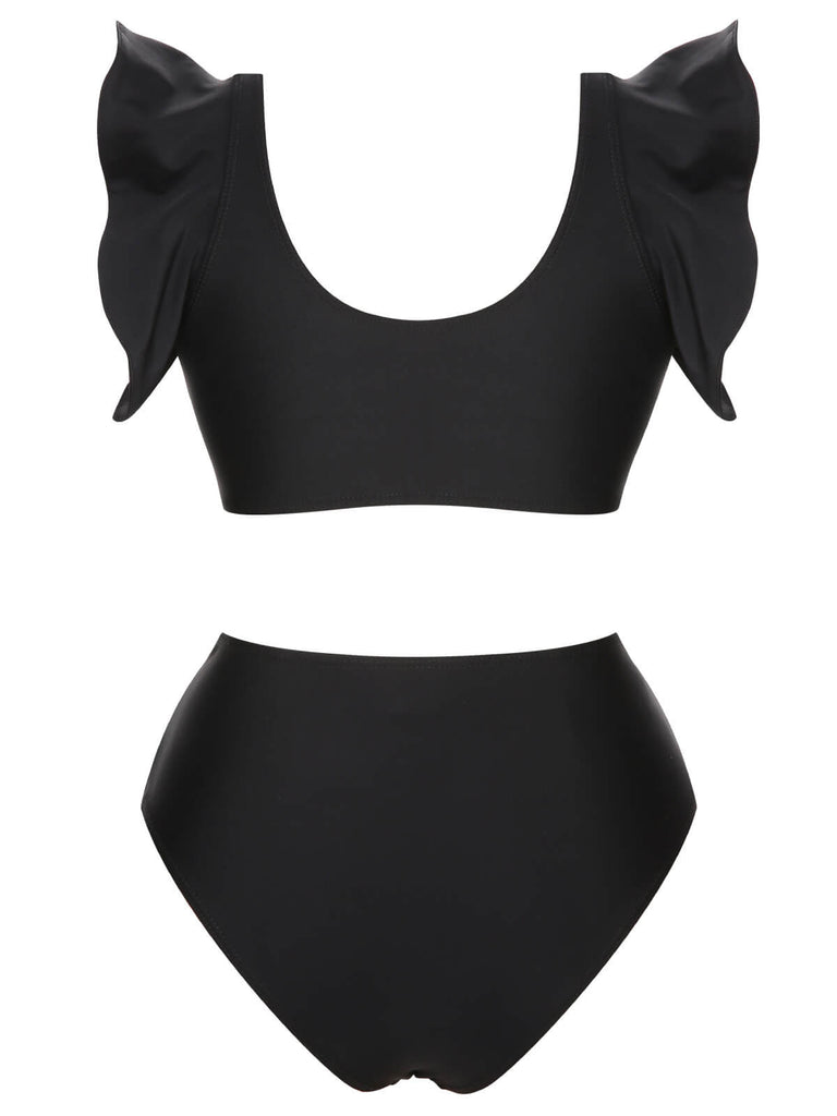 Black 1950s Ruffle Sleeve Split Swimsuit