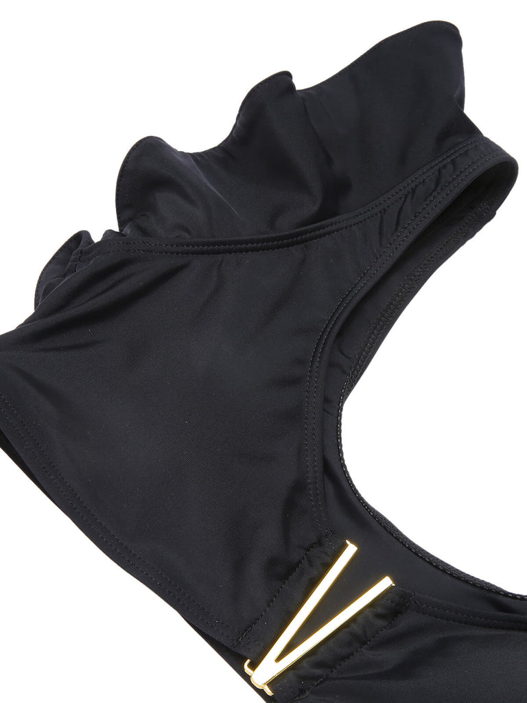 Black 1950s Ruffle Sleeve Split Swimsuit