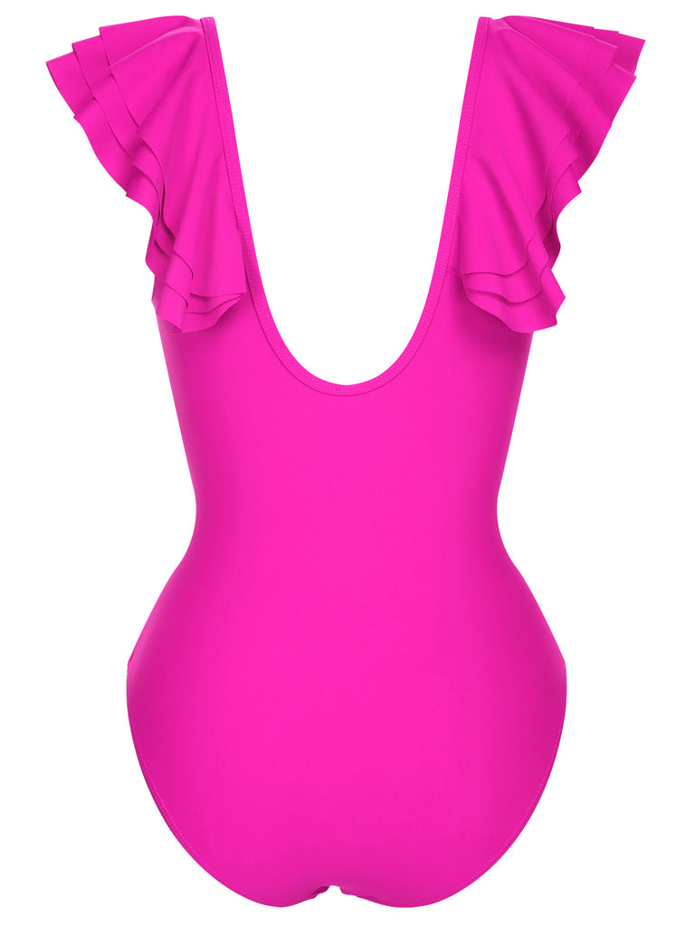 1950s Solid Ruffle V-Neck One-Piece Swimsuit