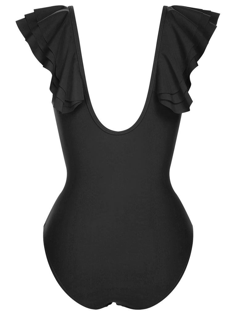 1950s Solid Ruffle V-Neck One-Piece Swimsuit