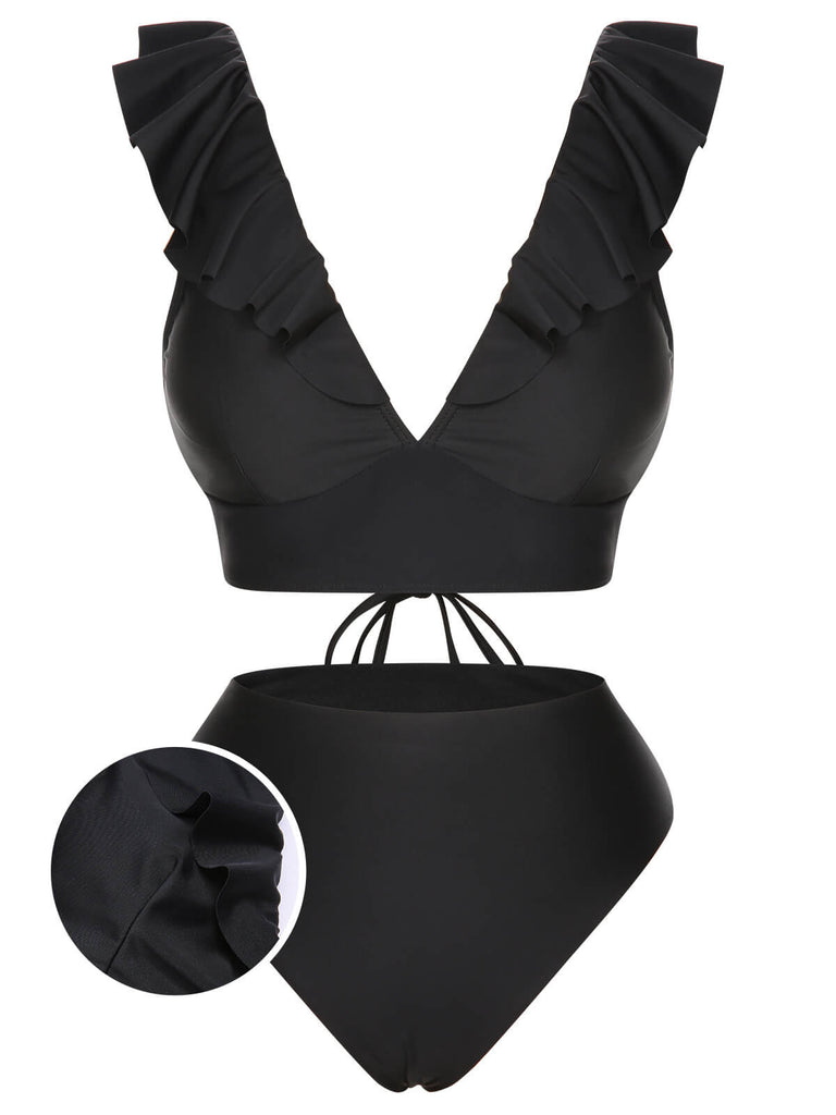 1950s Solid Ruffle Lace-Up V-Neck Swimsuit