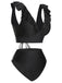 1950s Solid Ruffle Lace-Up V-Neck Swimsuit
