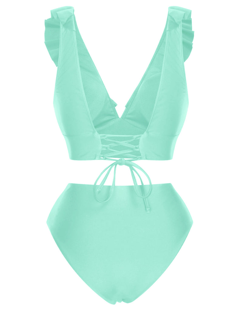 1950s Solid Ruffle Lace-Up V-Neck Swimsuit