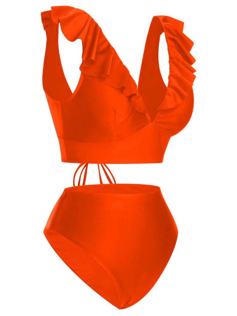 1950s Solid Ruffle Lace-Up V-Neck Swimsuit
