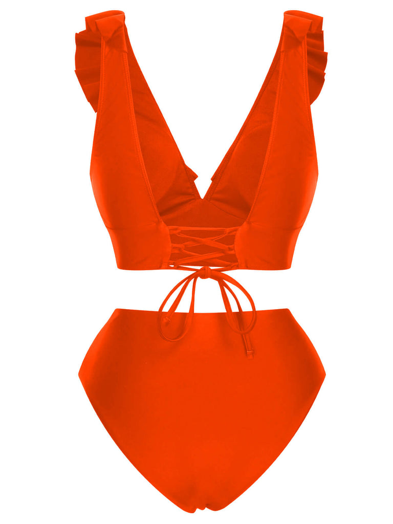 1950s Solid Ruffle Lace-Up V-Neck Swimsuit