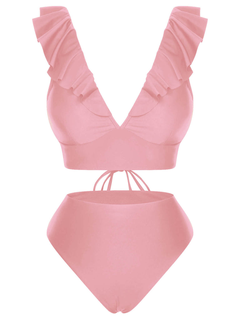 1950s Solid Ruffle Lace-Up V-Neck Swimsuit