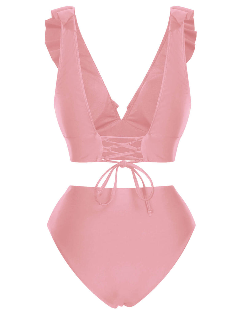 1950s Solid Ruffle Lace-Up V-Neck Swimsuit