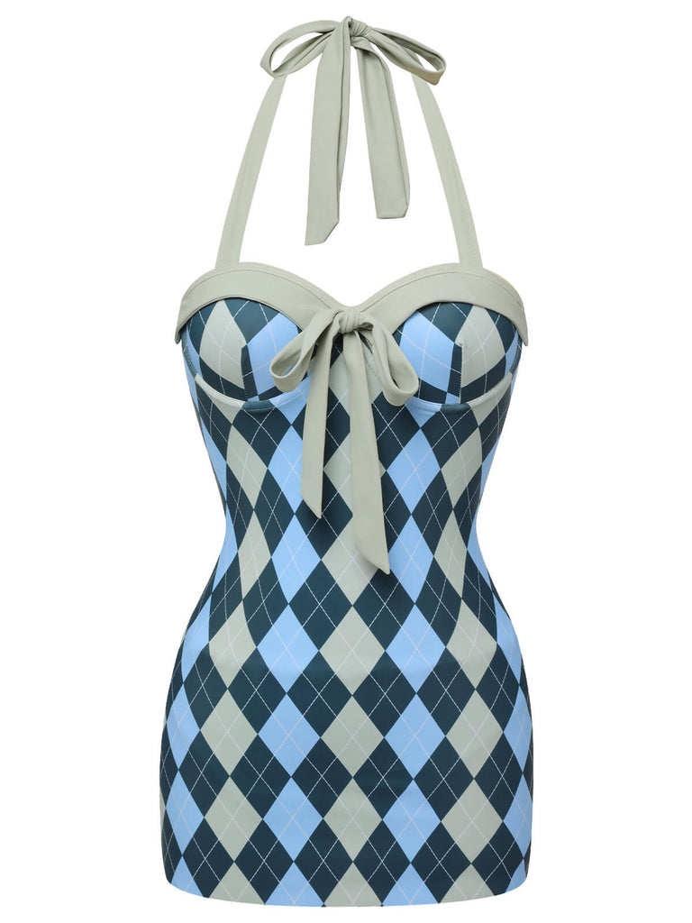 [Pre-Sale] Blue Gray 1950s Argyle Halter One-Piece Swimsuit