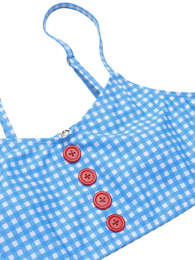 [Pre-Sale] Blue 1950s Spaghetti Strap Button Plaids Swimsuit