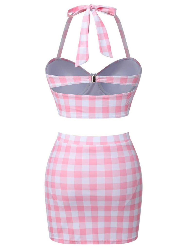 [Pre-Sale] Pink 1950s Halter Plaids Bow Swimsuit