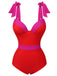 Red 1950s Colorblock Shoulder Tie-Up Swimsuit