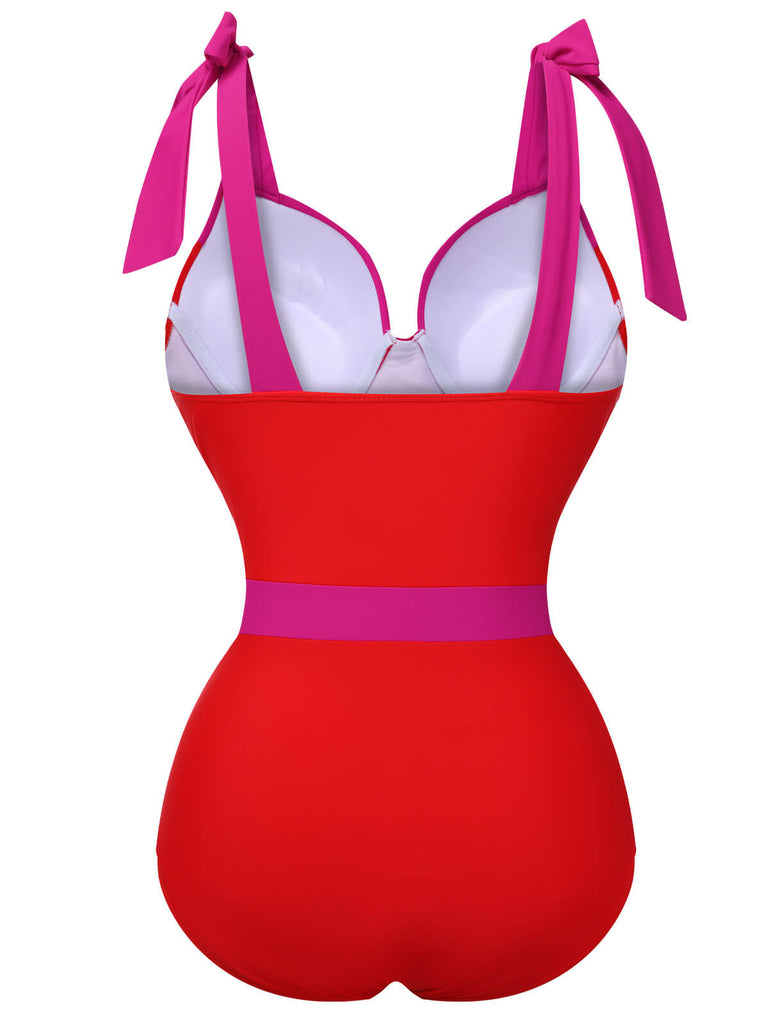 Red 1950s Colorblock Shoulder Tie-Up Swimsuit