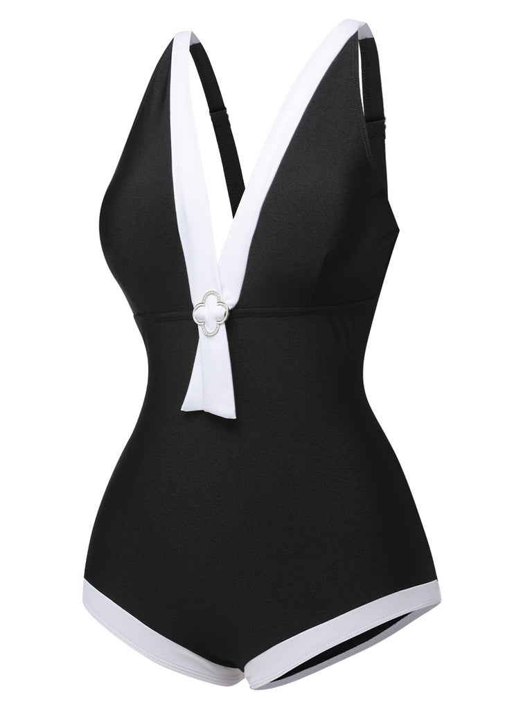 [Pre-Sale] Black 1960s V-Neck Patchwork One-Piece Swimsuit