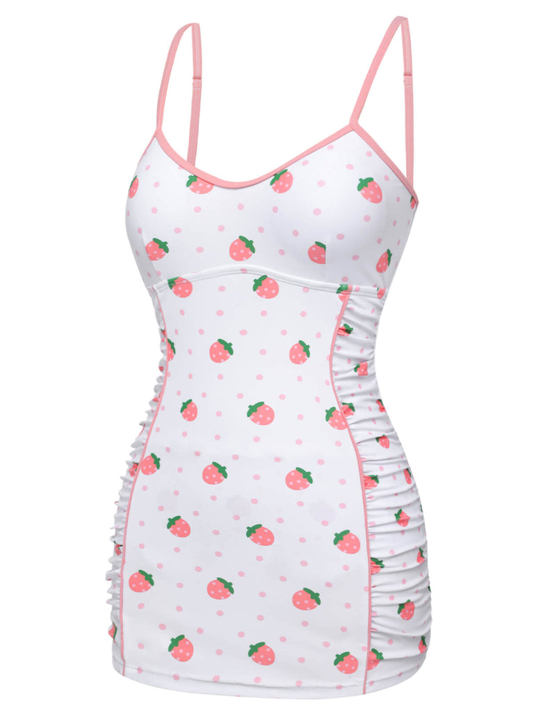 [Pre-Sale] White & Pink 1950s Strawberry Pleated Swimsuit