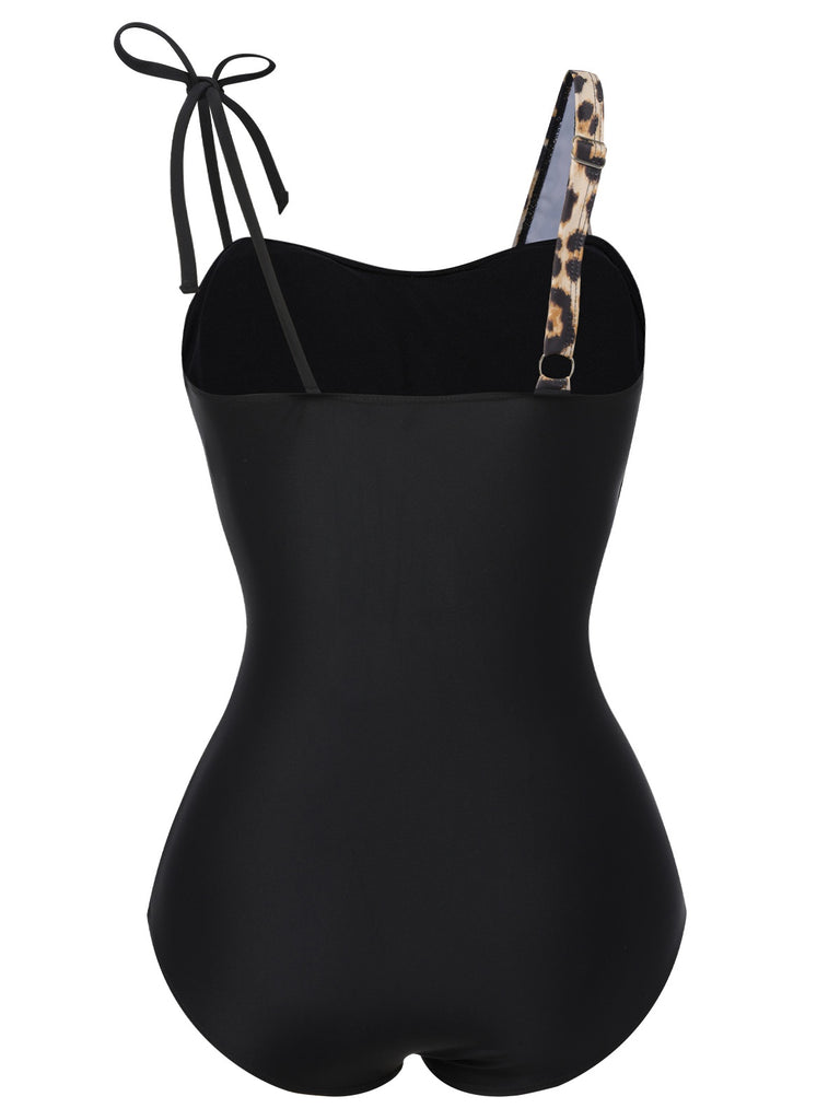 1950s Leopard Patchwork One-Piece Swimsuit