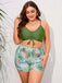 [Plus Size] Green 1950s Strap Floral Swimsuit & Cover-Up