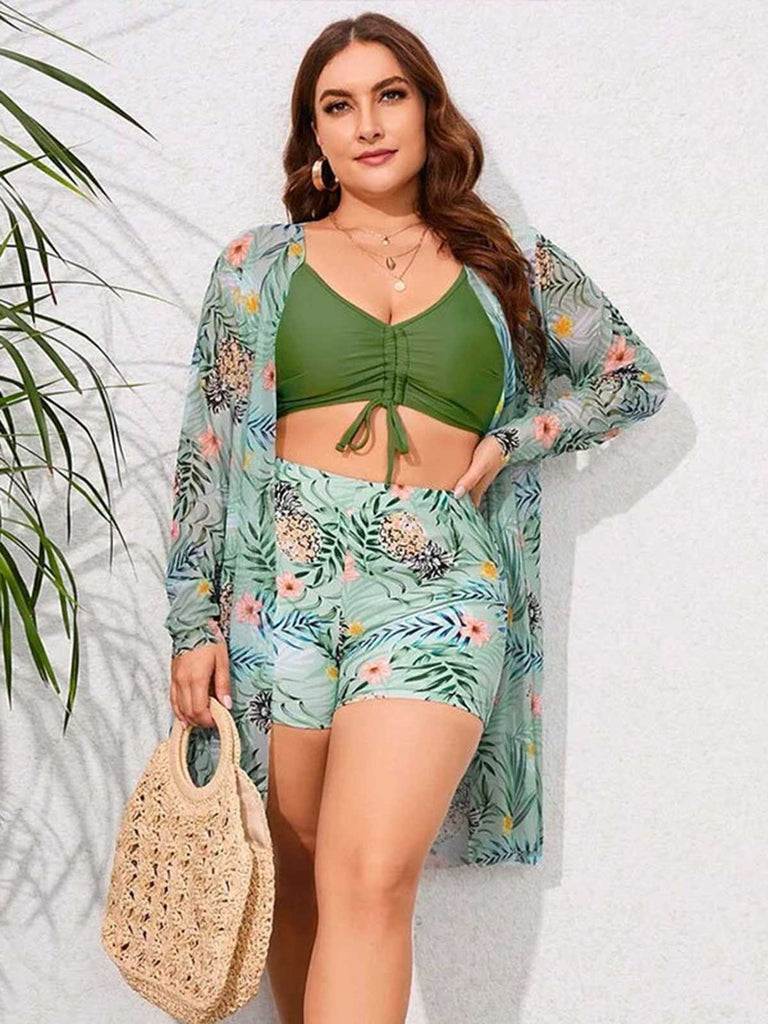 [Plus Size] Green 1950s Strap Floral Swimsuit & Cover-Up