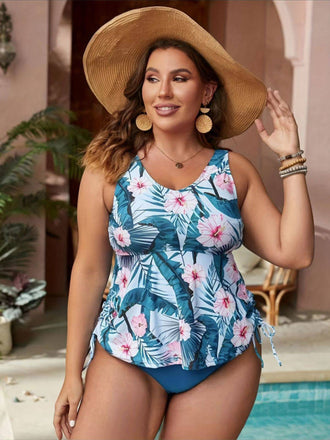 [Plus Size] Blue 1950s Floral Swimsuit