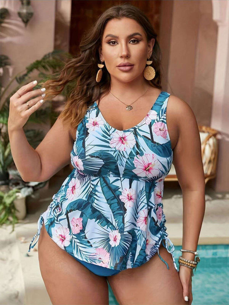 [Plus Size] Blue 1950s Floral Swimsuit