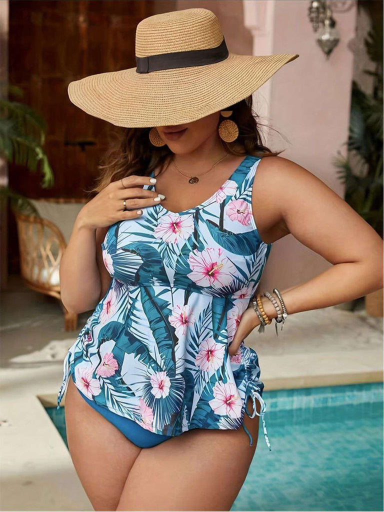 [Plus Size] Blue 1950s Floral Swimsuit
